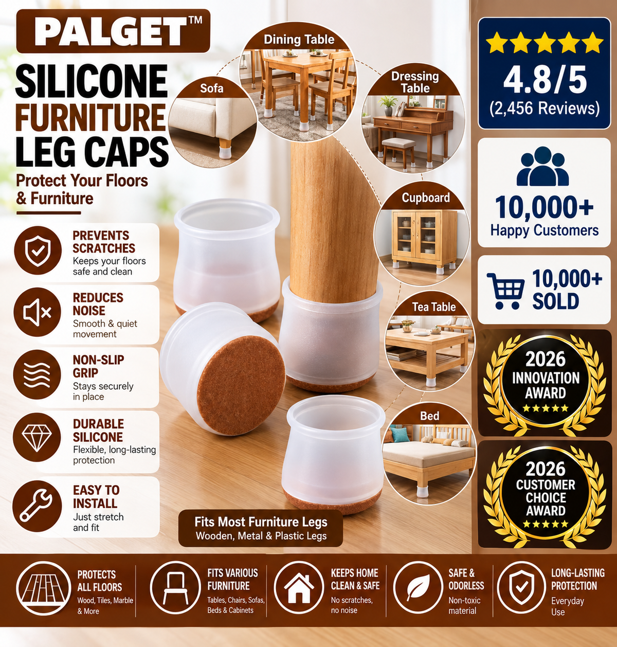 Palget™ Silicone Furniture Leg Caps with Felt Pads